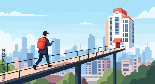 Man Walking on Elevated Walkway with Backpack.