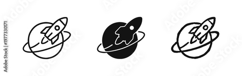 Rocket Ship Orbiting Planet Icons Set in Outline Solid and Hand Drawn Styles for Space Travel