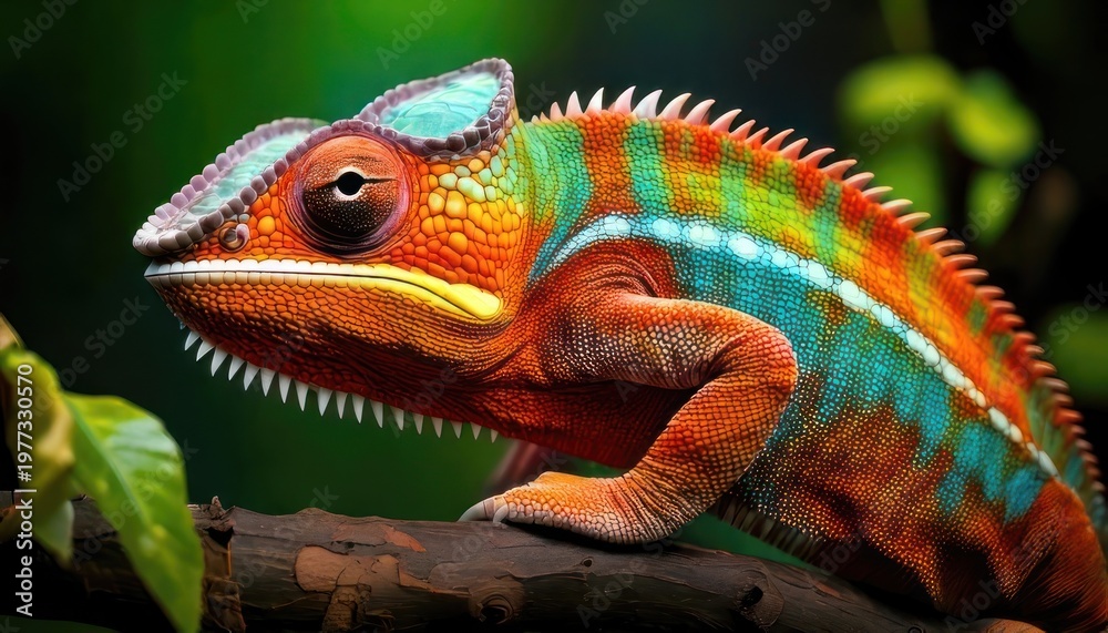 Obraz premium Colorful chameleon perched on a branch, showcasing vibrant skin patterns.