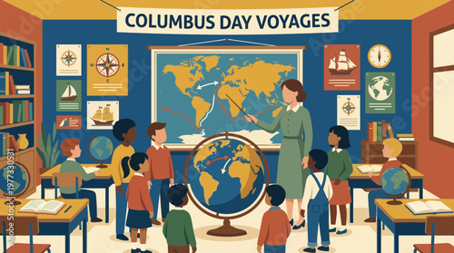 Columbus Day history lesson in a diverse classroom illustration