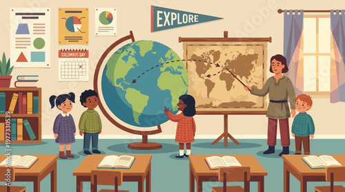 Teacher Explaining World Exploration to Students in Classroom