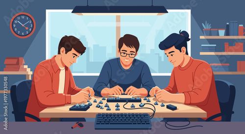 Three Men Working on Music Equipment.