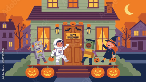 Happy children in costumes trick or treating on Halloween night