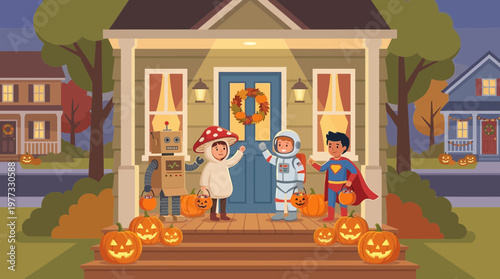 Diverse Children Trick or Treating in Costumes on Halloween