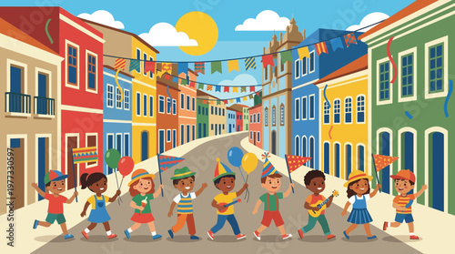 Diverse Children Celebrating Street Festival in Colorful Town