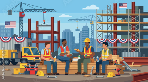 Construction Workers Lunch Break at City Building Site Illustration