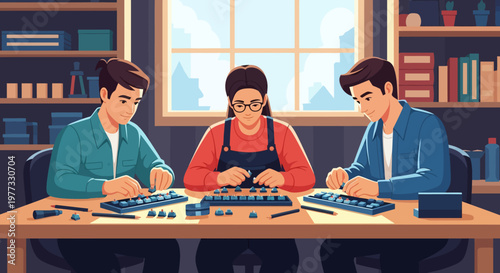 Three People Working on Electronics Projects Together.