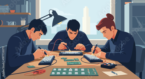 Three People Working on Electronic Devices.