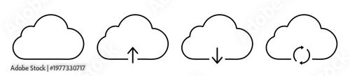 Cloud storage icon set with upload download sync and refresh actions in outline style. Data transfer and backup line icons for apps, web interface and cloud systems