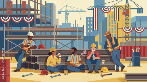 Construction Workers Having Coffee Break at Urban Site Illustration
