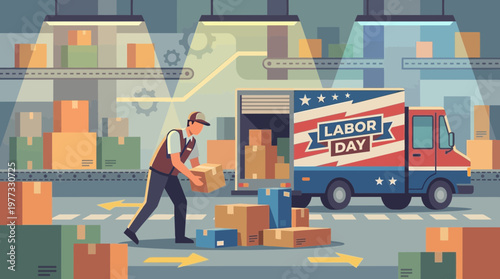 Labor Day illustration of a warehouse worker loading a delivery truck
