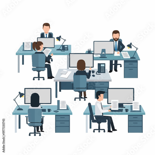 Diverse professionals diligently working at their individual office workstations.