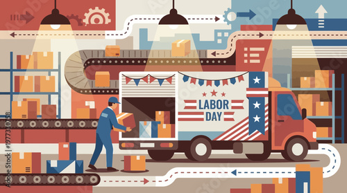 Labor Day Logistics Warehouse Worker Loading Delivery Truck Illustration