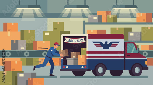 Labor Day Delivery Worker Loading Boxes into Truck in Warehouse
