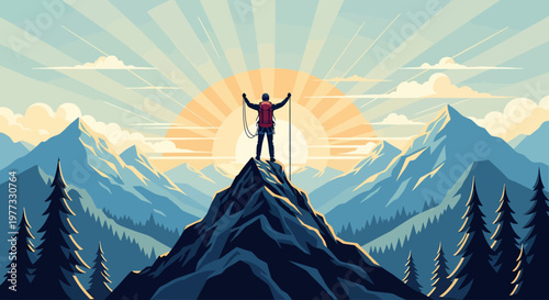 Triumphant Hiker Standing on Mountain Peak.