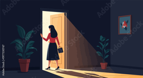 Woman Entering Room with Briefcase and Handbag.