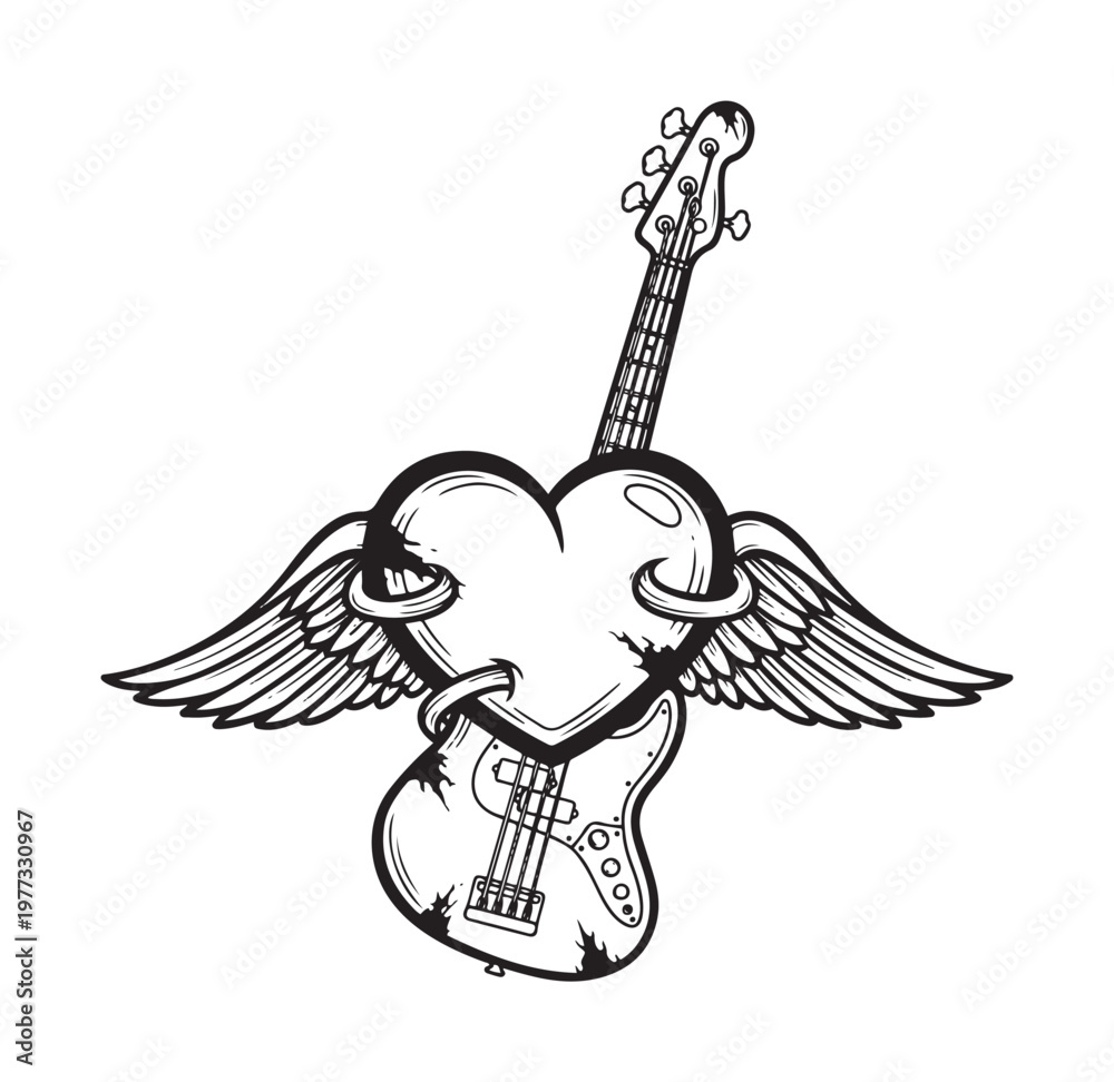 Fototapeta premium Heart Shaped Guitar with Wings Tattoo Design.
