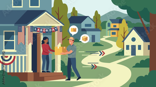 Labor Day Package Delivery at Suburban Home Illustration