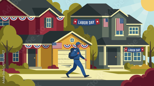 Labor Day Celebration in American Suburbs with Delivery Worker