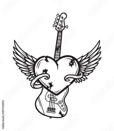 Heart Shaped Guitar with Angel Wings and Banner.