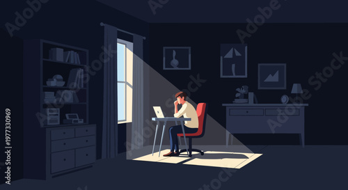 Woman Working Late at Desk Alone.