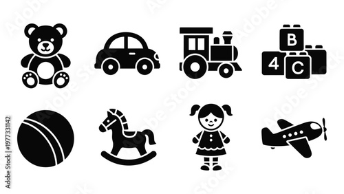 A collection of simple black glyphs depicting various childhood toys including a teddy bear car and airplane high quality professional detailed