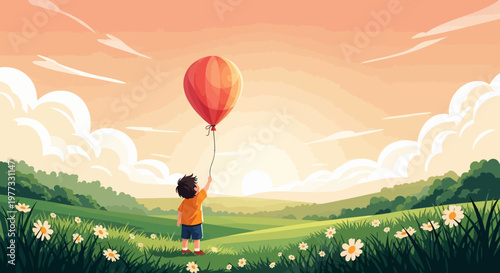 Young Boy Holding Red Balloon in Field.