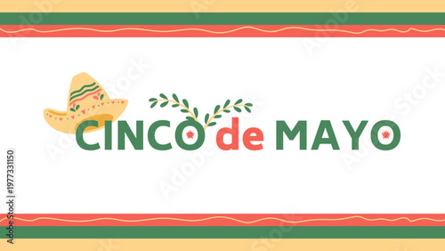 Cinco de Mayo festive vector illustration with leaf ornaments and a typical Mexican Sombrero. Cinco de Mayo celebration.