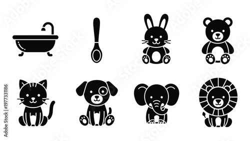 A collection of simple black glyph icons depicts baby items including toys bath accessories and various animal figures high quality professional