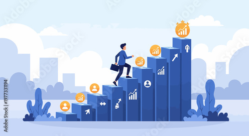Businessman Climbing Bar Graph with Coins.