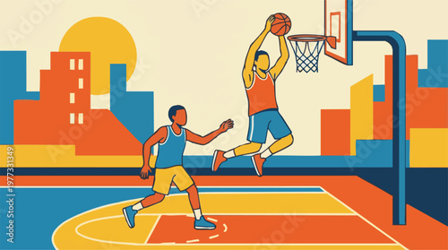 Basketball players dunking on court with urban skyline, flat illustration style