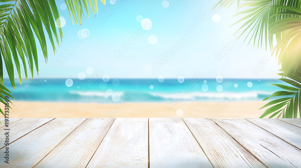 Fototapeta premium White wooden table with palm leaves on sandy sunny beach background
