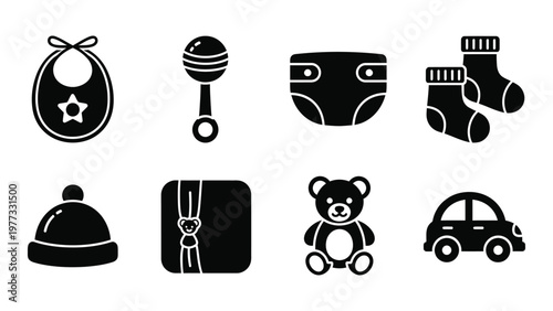 A collection of simple black silhouette icons depicting baby items like clothing toys and accessories high quality professional detailed modern elegant