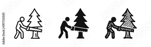 Lumberjack Cutting Tree with Hand Saw Icon Set for Forestry and Woodworking Concept