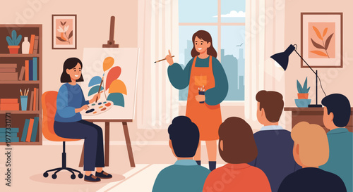 Female Artist Teaching Painting to Students.