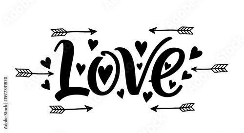 Love word art with hearts and arrows romantic design.