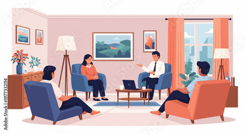 Group Therapy Session with Therapist and Patients.