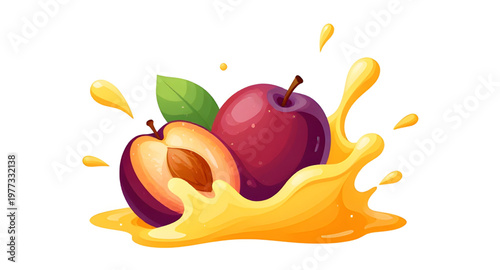 plum, fruit, ripe, juice, splash, fresh, sweet, purple, yellow, liquid, food, healthy, organic, juicy, natural, design, illustration