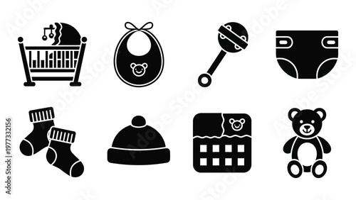 A collection of black silhouette icons representing baby essentials like a crib diaper socks and a teddy bear high quality professional