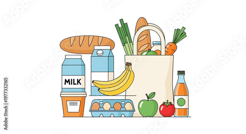 Colorful grocery items in shopping bag.