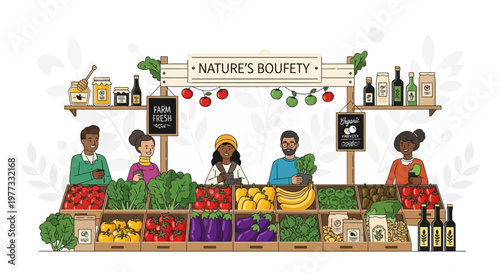 People working at fruit market stand.