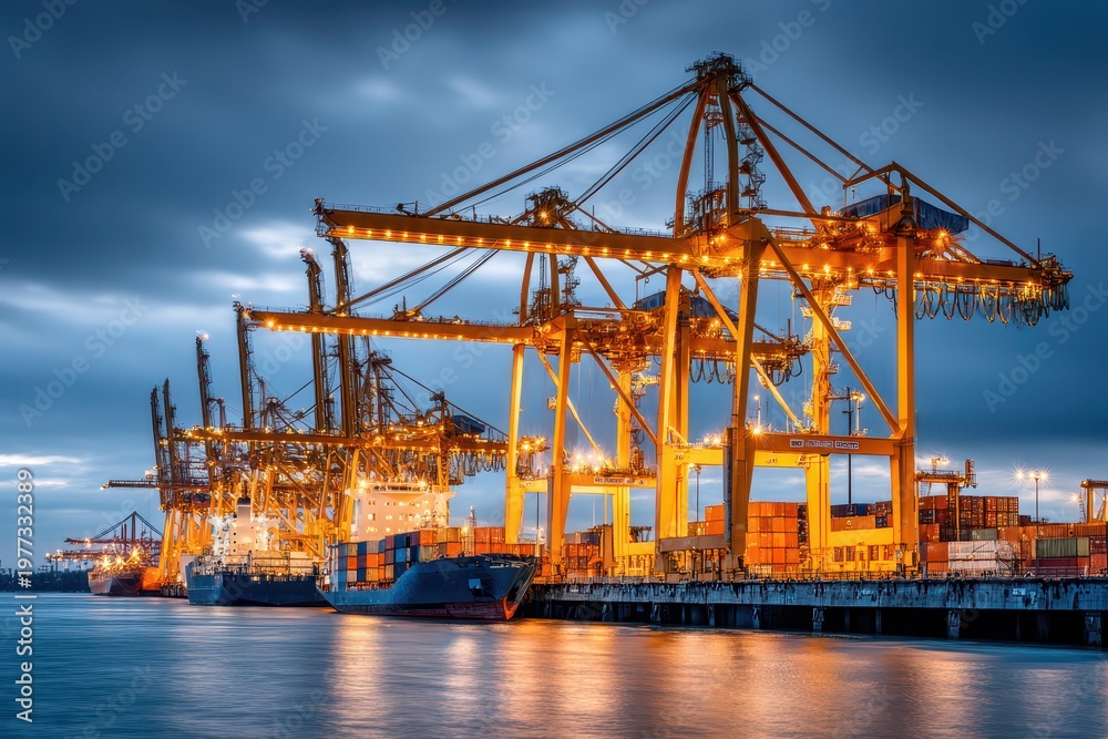 Fototapeta premium Illuminated cargo cranes and container ships at a busy port during twilight, reflecting on the water.