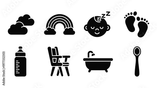 A collection of black silhouette icons depicts baby related items like a rainbow bottle and footprints high quality professional detailed modern