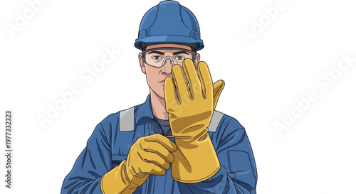 Man wearing yellow protective gloves.