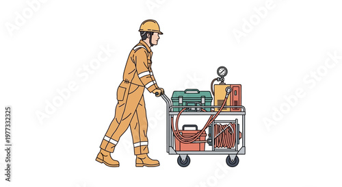 Worker pushing industrial tool cart.