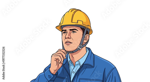 Man wearing yellow hard hat thinking.