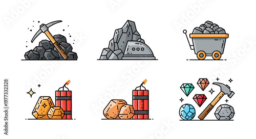 Mining tools and precious gems.