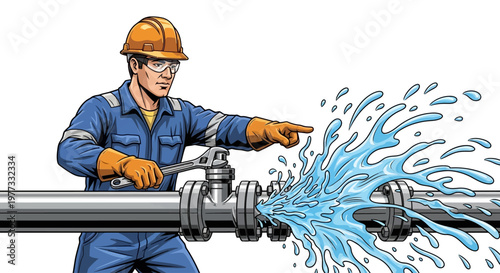 Worker fixing broken water pipe system.