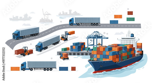Container cargo ship and trucks transporting.