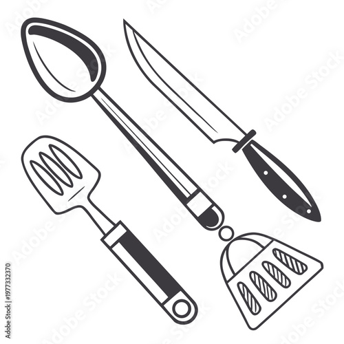 A set of kitchen utensils including a spoon, knife, and spatula in a simple black and white design